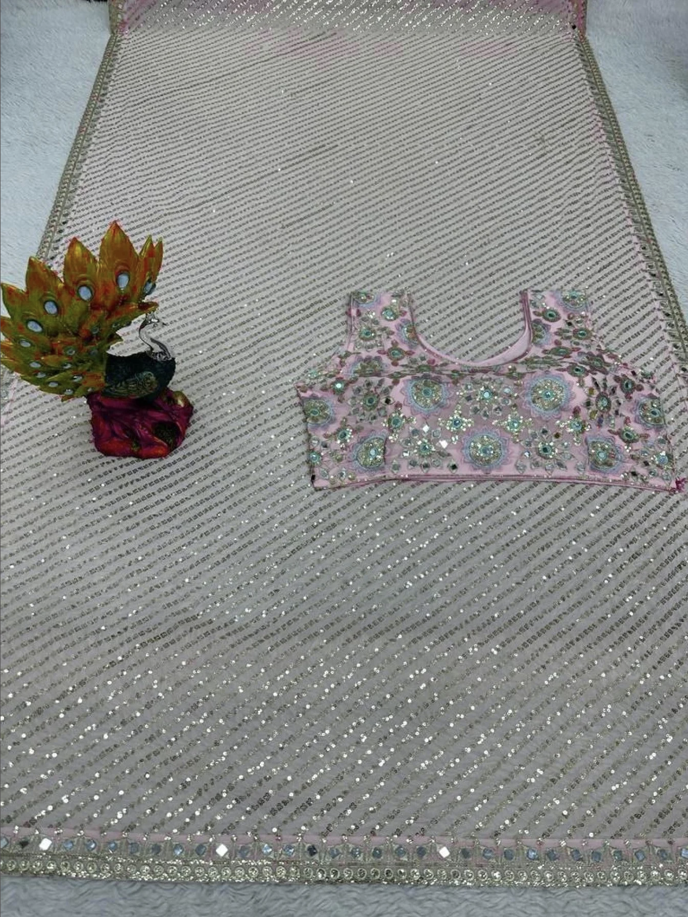 Baby Pink Mirror & Sequin Embroidered Faux Georgette Saree with Blouse