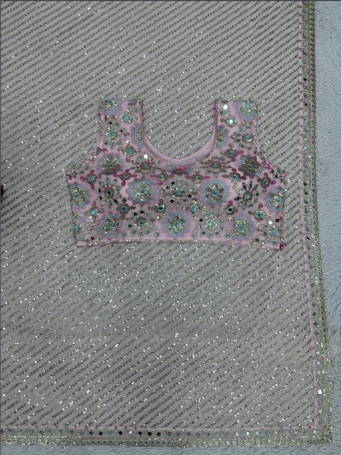 Baby Pink Mirror & Sequin Embroidered Faux Georgette Saree with Blouse
