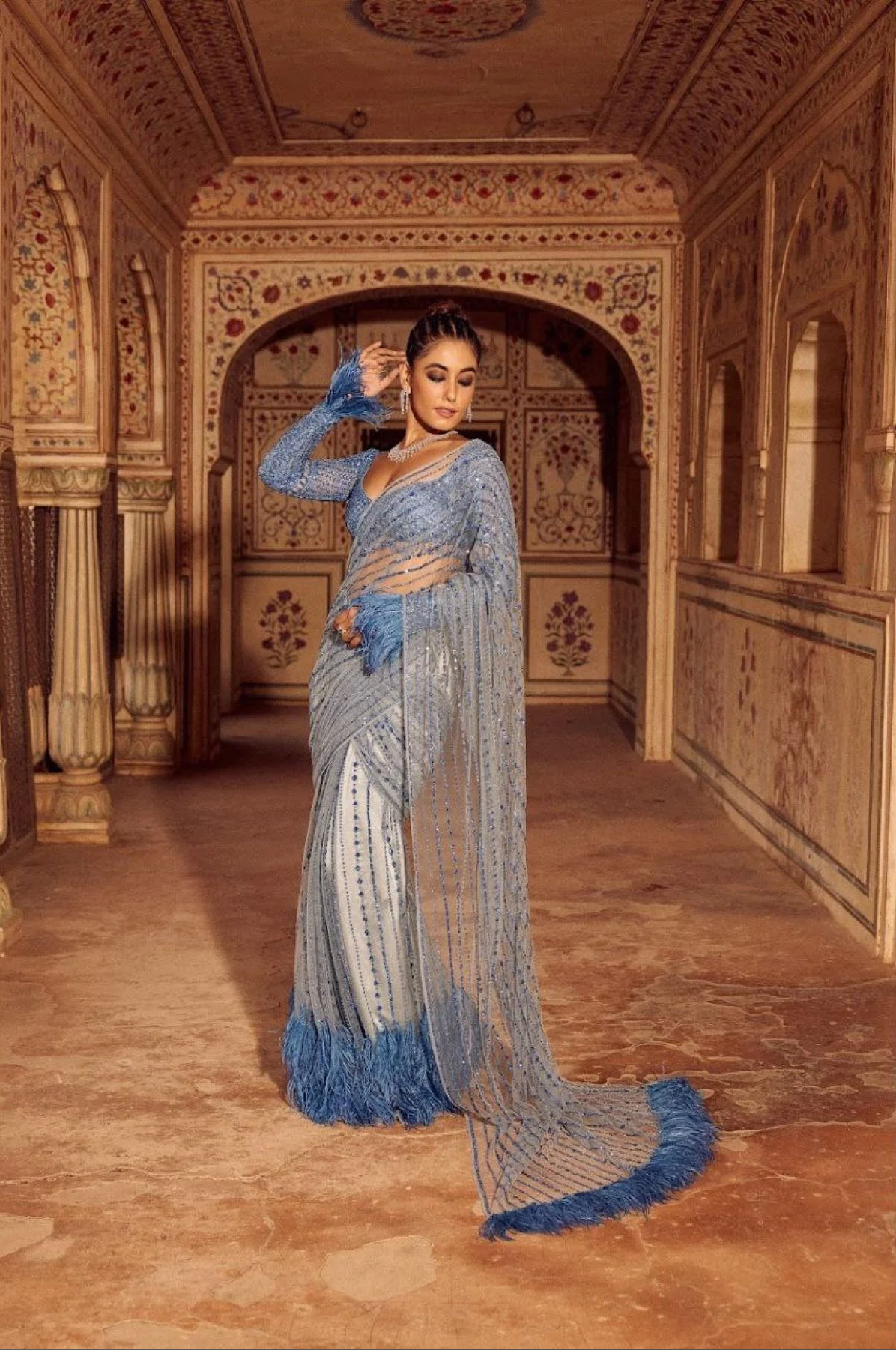 Royal Export Elegant Blue Bollywood-Style Heavy Mono Net Saree with Sequins & Zalar Detailing