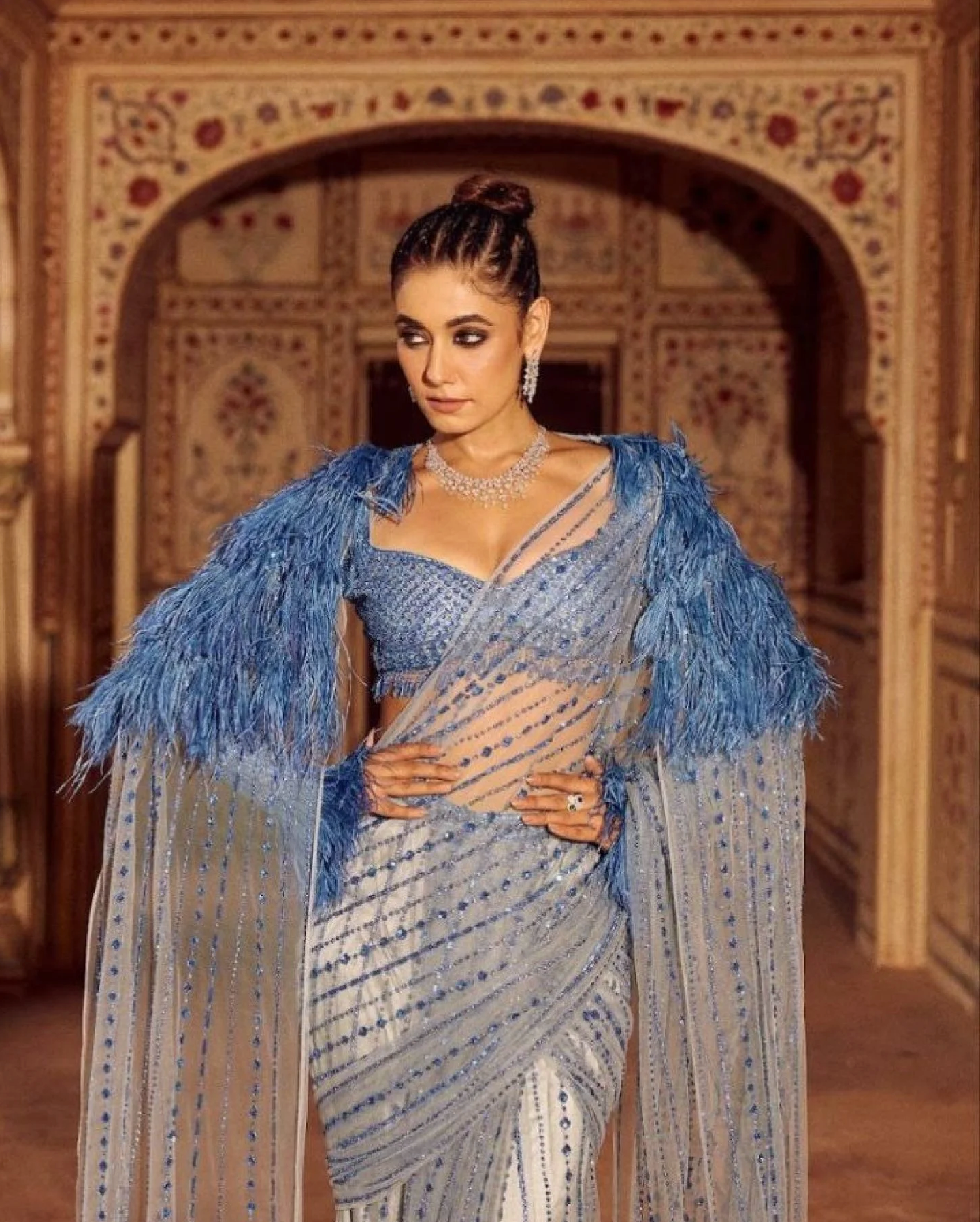Royal Export Elegant Blue Bollywood-Style Heavy Mono Net Saree with Sequins & Zalar Detailing