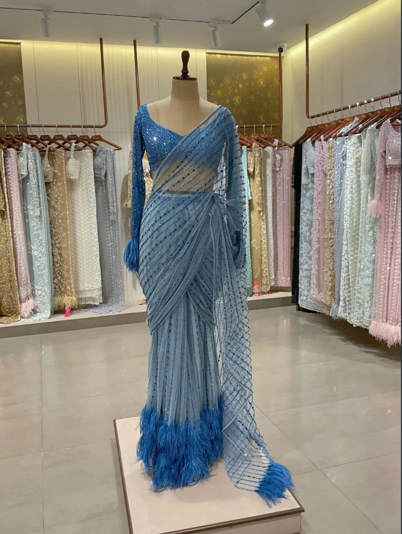 Royal Export Elegant Blue Bollywood-Style Heavy Mono Net Saree with Sequins & Zalar Detailing