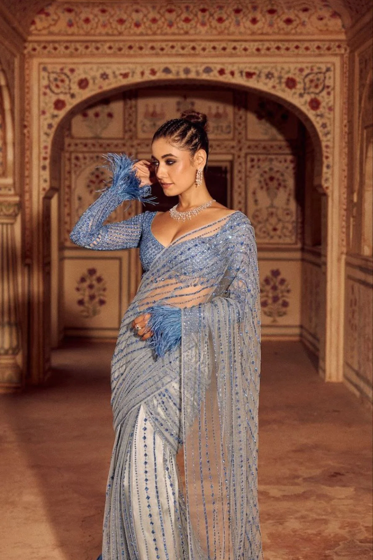 Royal Export Elegant Blue Bollywood-Style Heavy Mono Net Saree with Sequins & Zalar Detailing