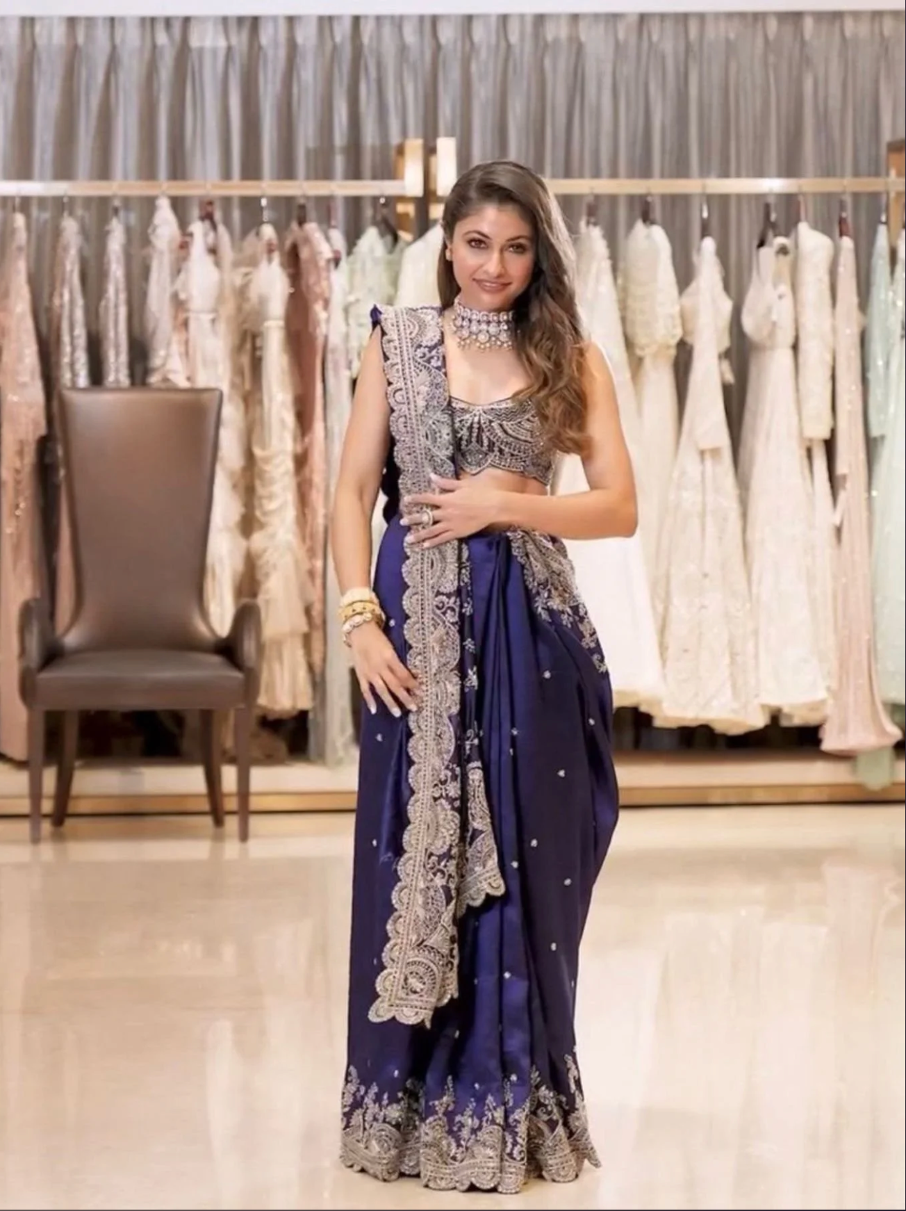 Grand Wedding Look Royal Blue Rangoli Silk Saree with Heavy Sequin & Cording Work