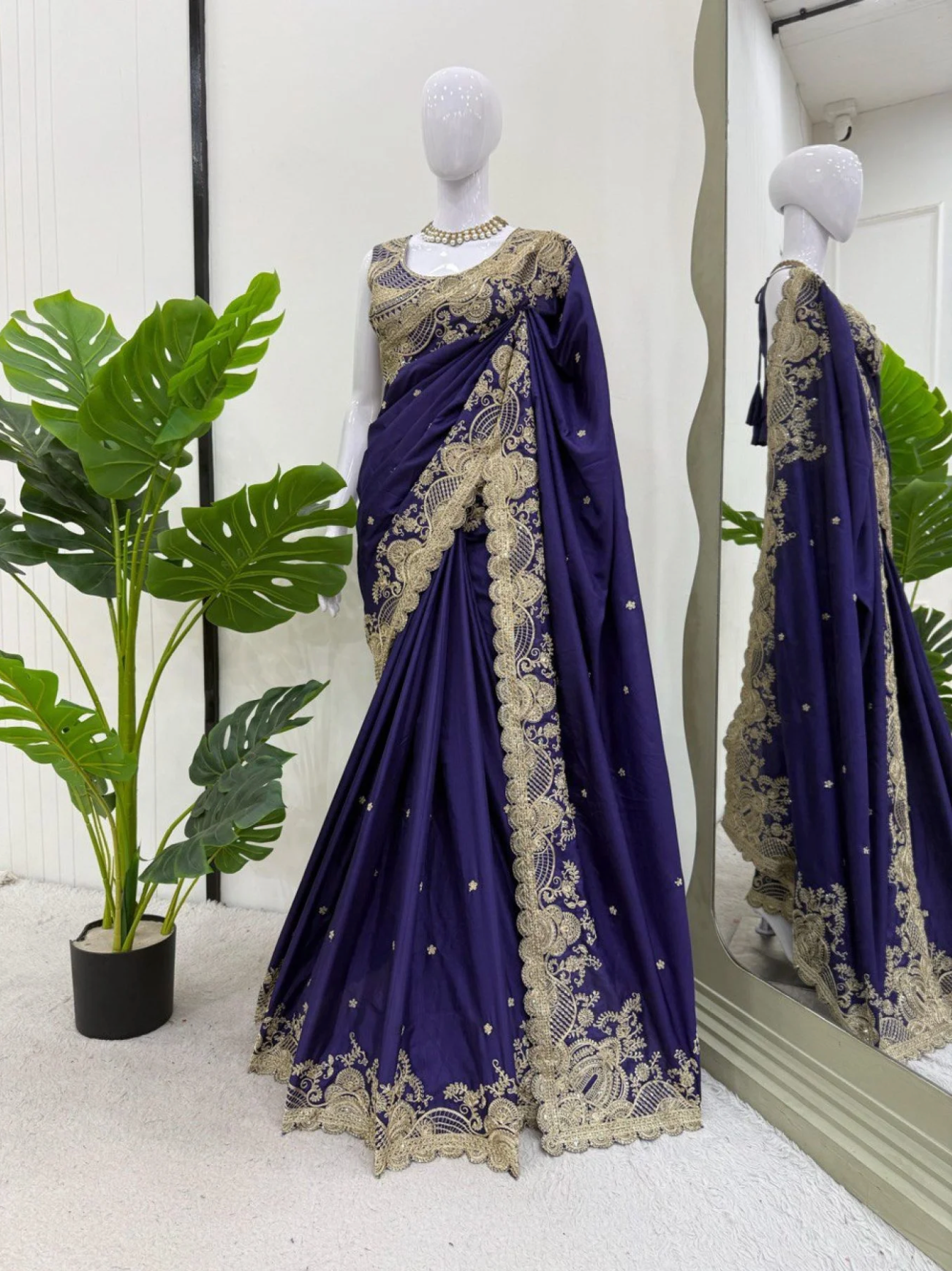 Grand Wedding Look Royal Blue Rangoli Silk Saree with Heavy Sequin & Cording Work