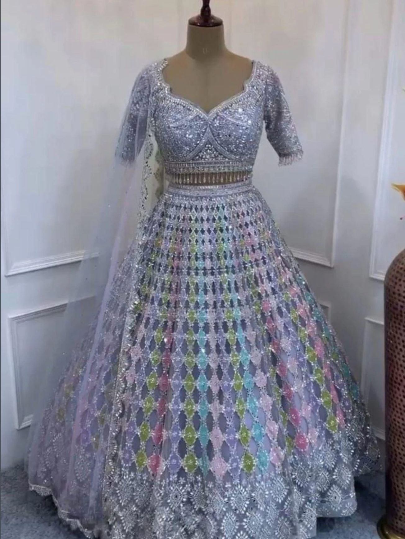 Designer Real Mirror Embroidery & Sequins Work Butterfly Net Lehenga with Can-Can Canvas Layers
