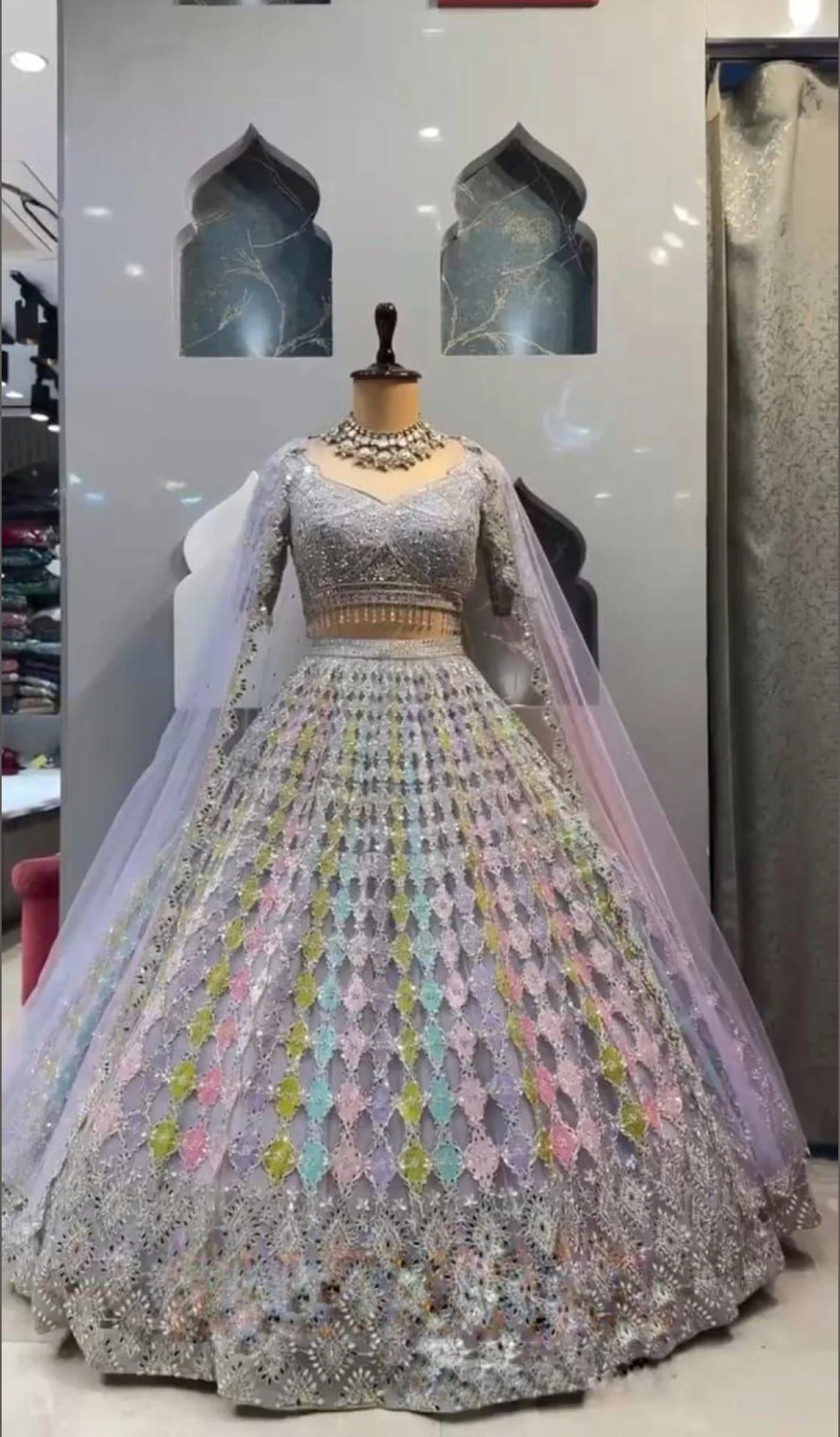 Designer Real Mirror Embroidery & Sequins Work Butterfly Net Lehenga with Can-Can Canvas Layers