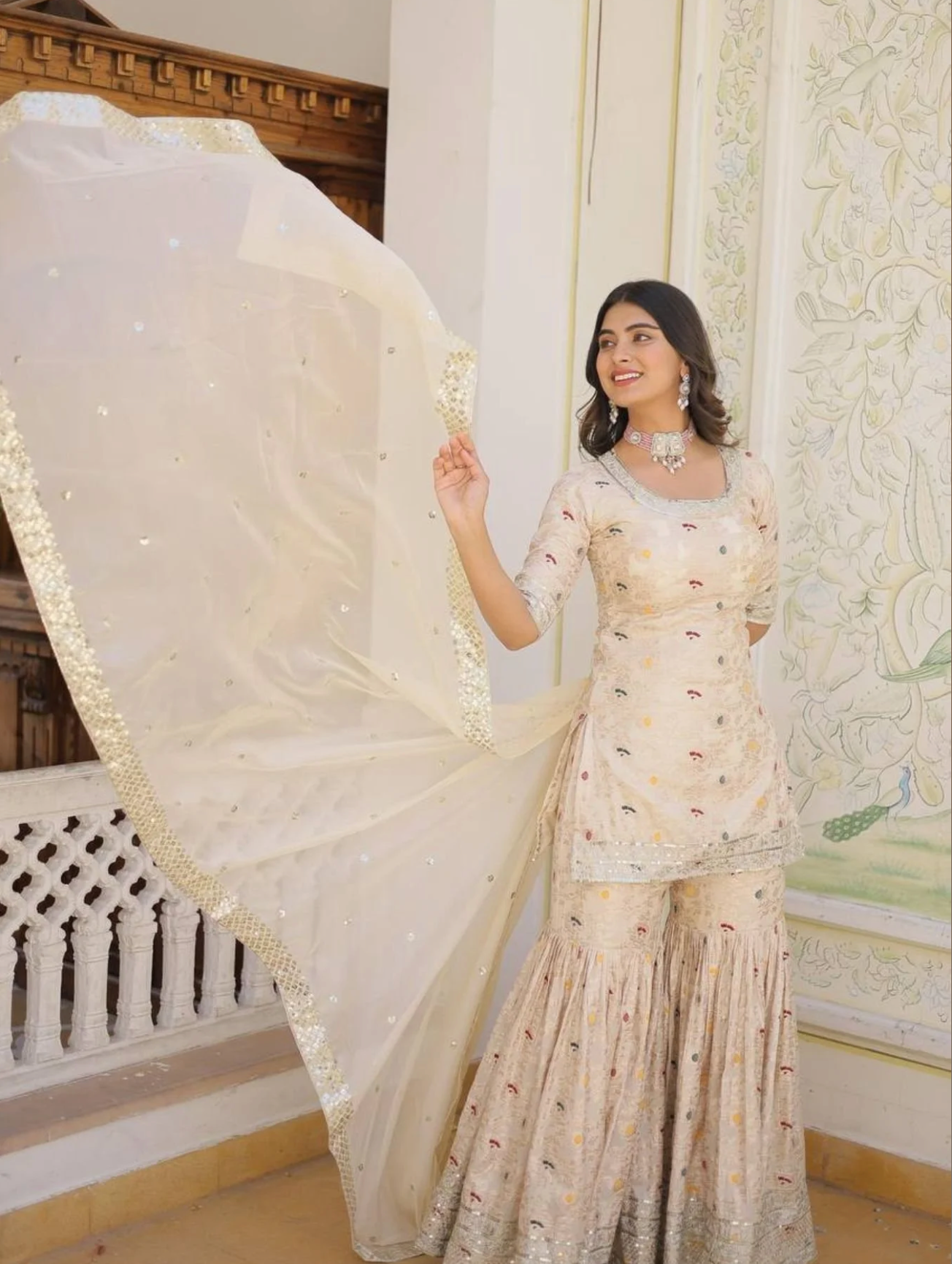 Ready To Wear Wine Kurti Gharara In Viscose Jacquerd And Embroidery Sequence Work