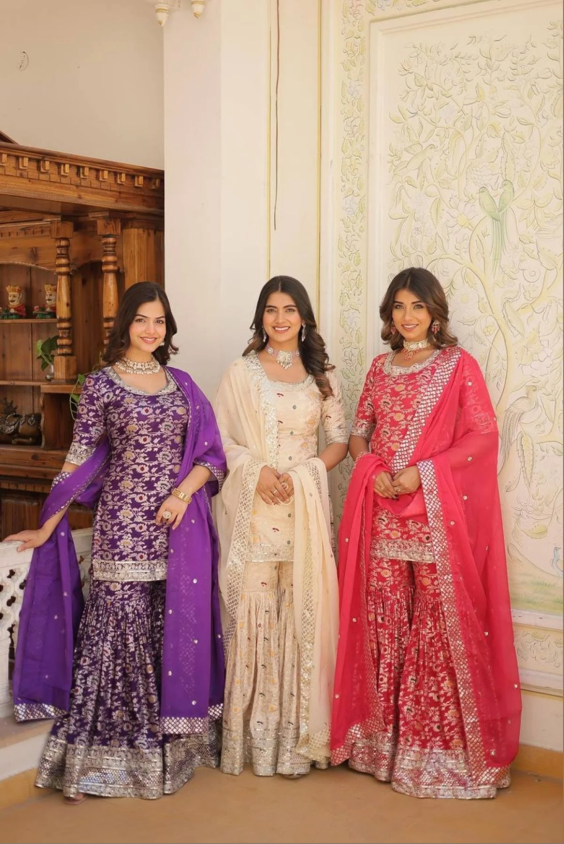 Ready To Wear Wine Kurti Gharara In Viscose Jacquerd And Embroidery Sequence Work