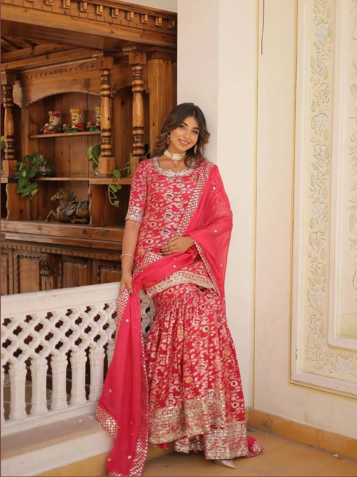 Ready To Wear Wine Kurti Gharara In Viscose Jacquerd And Embroidery Sequence Work