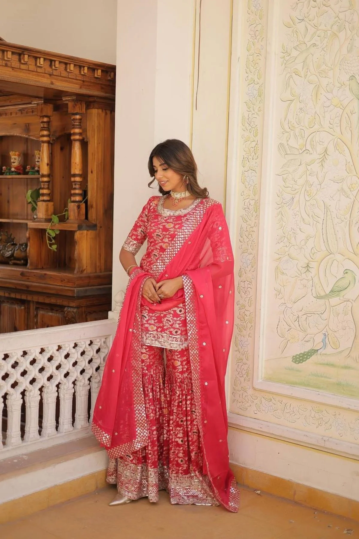 Ready To Wear Wine Kurti Gharara In Viscose Jacquerd And Embroidery Sequence Work