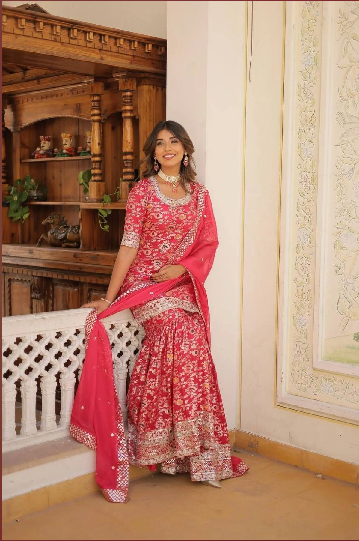 Ready To Wear Wine Kurti Gharara In Viscose Jacquerd And Embroidery Sequence Work
