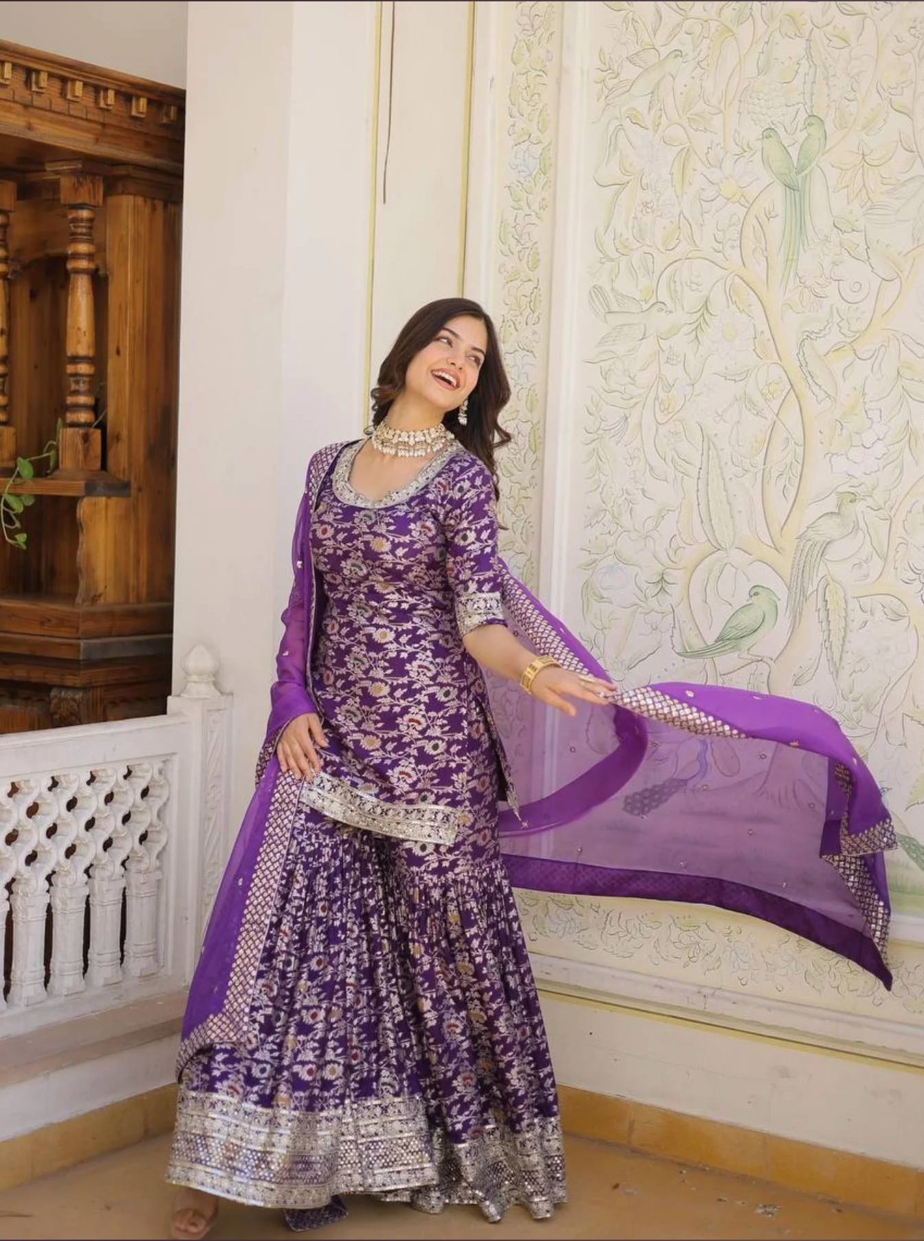 Ready To Wear Wine Kurti Gharara In Viscose Jacquerd And Embroidery Sequence Work