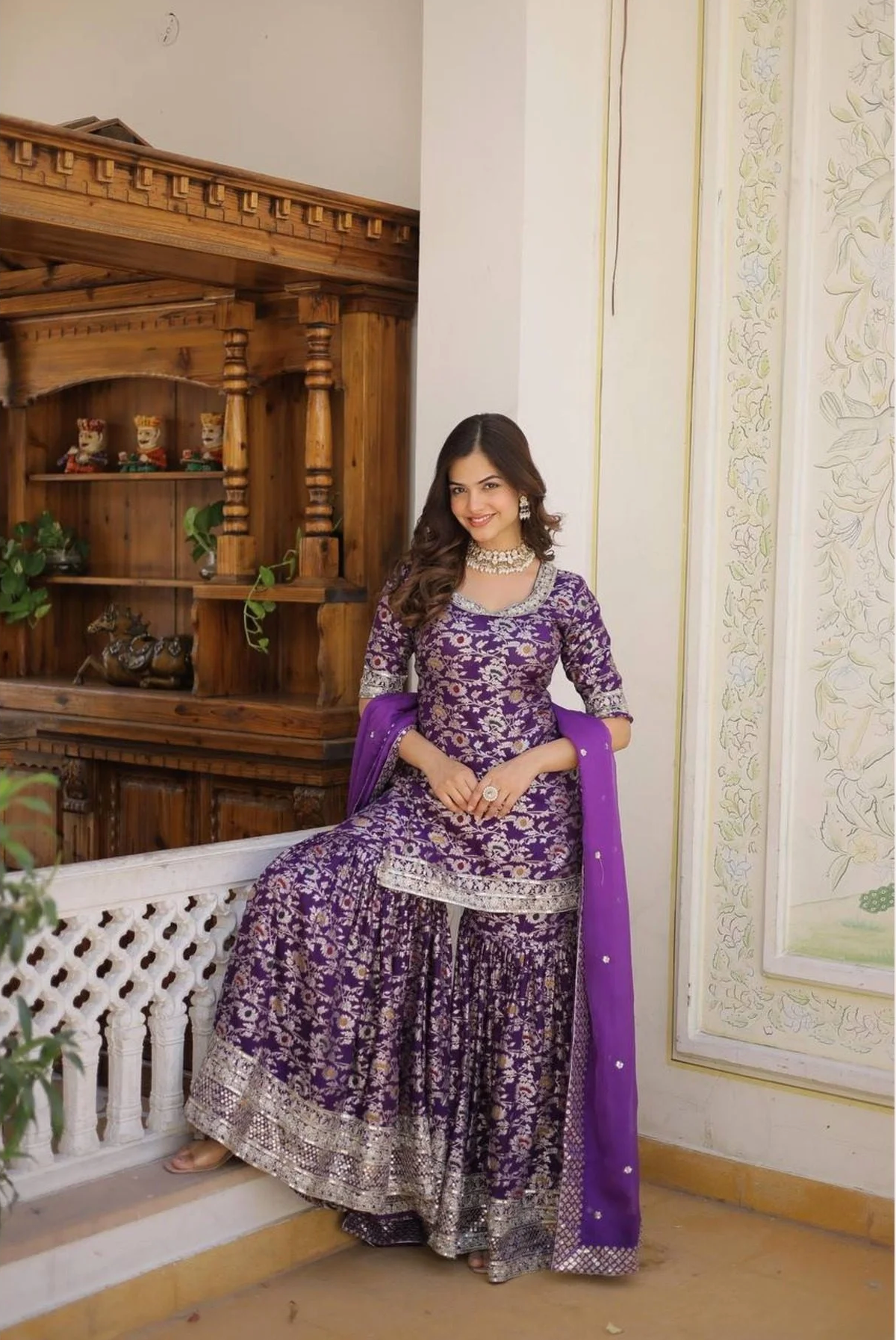 Ready To Wear Wine Kurti Gharara In Viscose Jacquerd And Embroidery Sequence Work