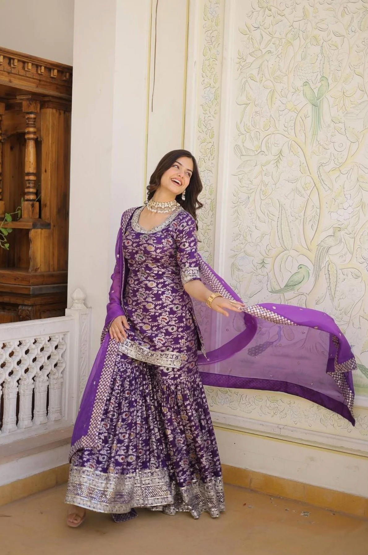 Ready To Wear Wine Kurti Gharara In Viscose Jacquerd And Embroidery Sequence Work
