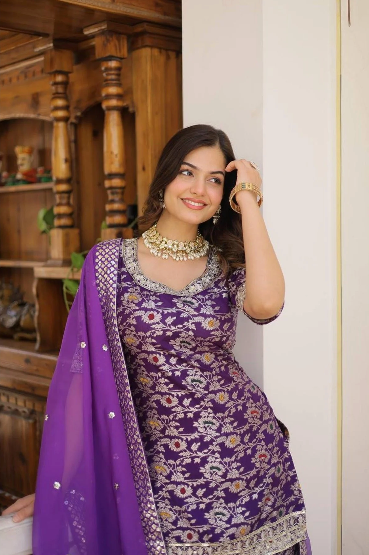Ready To Wear Wine Kurti Gharara In Viscose Jacquerd And Embroidery Sequence Work