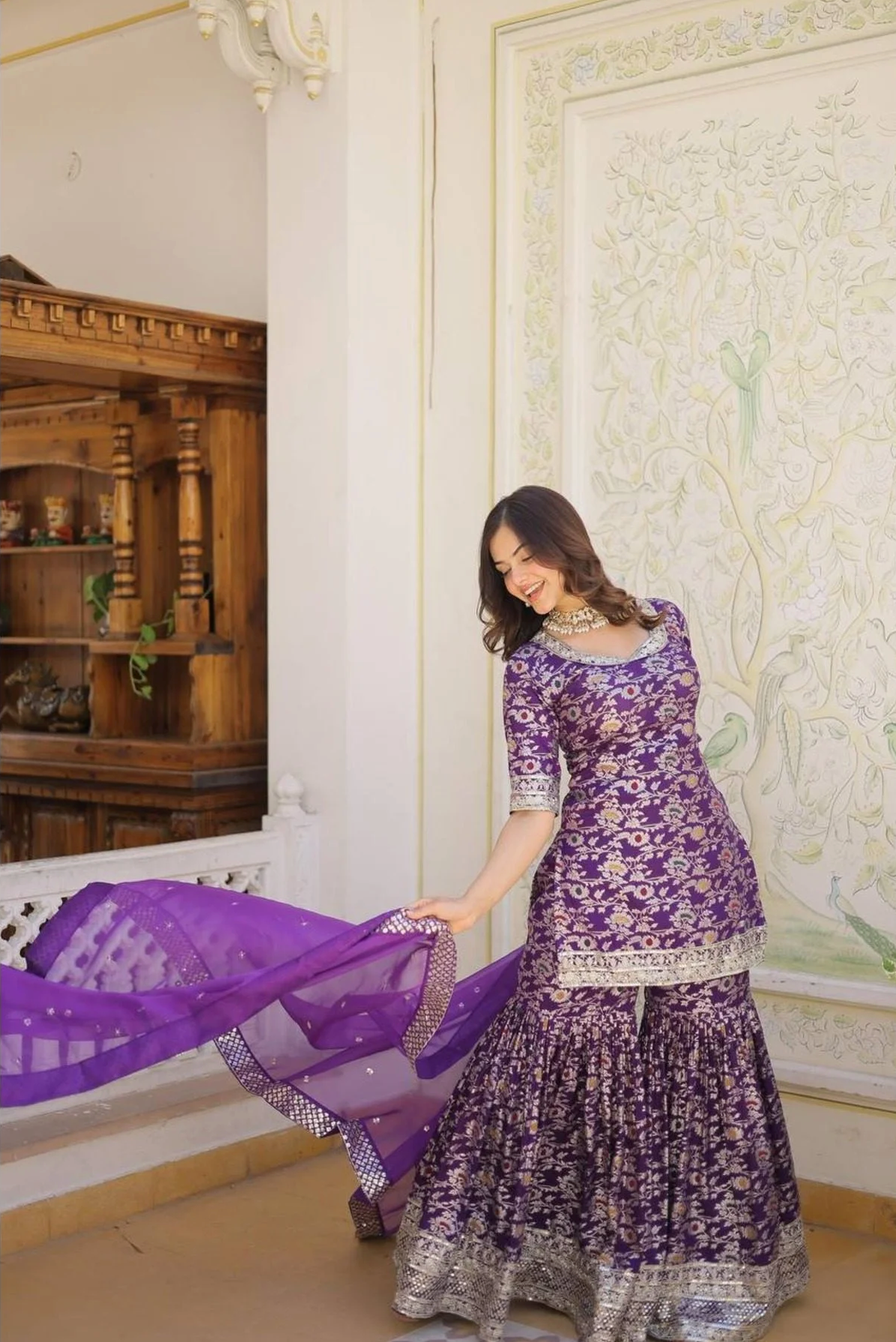 Ready To Wear Wine Kurti Gharara In Viscose Jacquerd And Embroidery Sequence Work