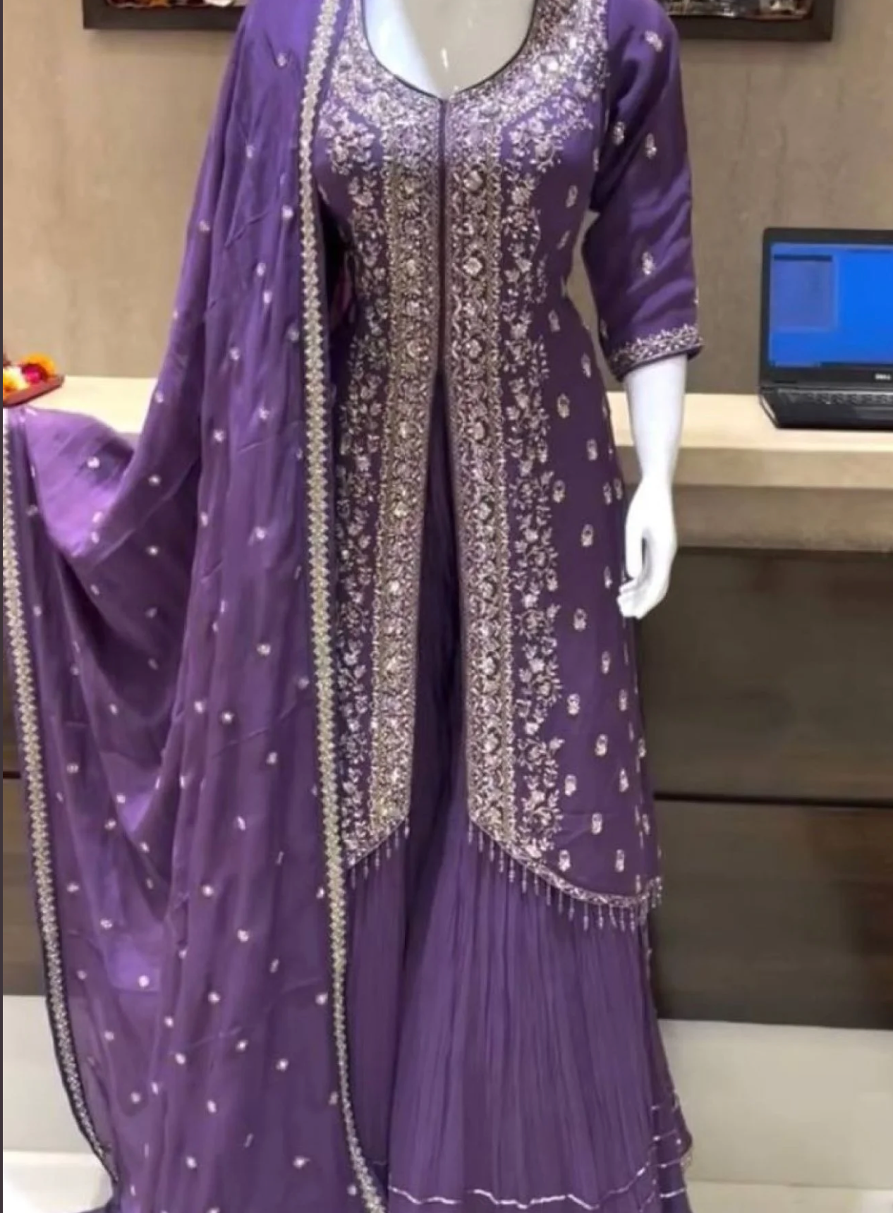 Designer Party Wear Pure Chinon Silk Sharara Palazzo Set with Heavy Sequins Embroidery & Dupatta