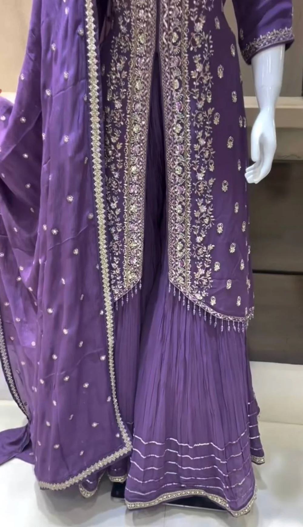 Designer Party Wear Pure Chinon Silk Sharara Palazzo Set with Heavy Sequins Embroidery & Dupatta