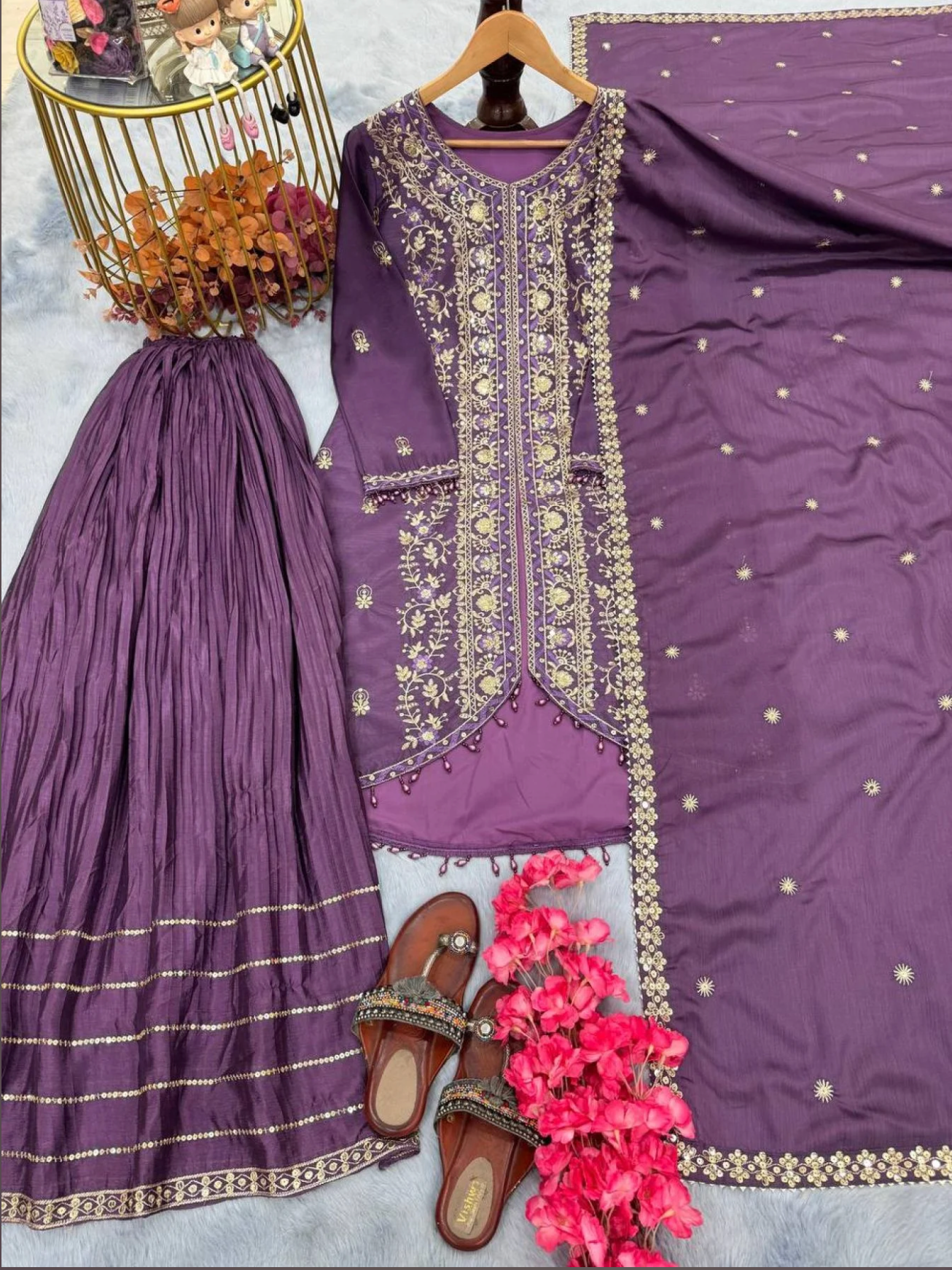 Designer Party Wear Pure Chinon Silk Sharara Palazzo Set with Heavy Sequins Embroidery & Dupatta