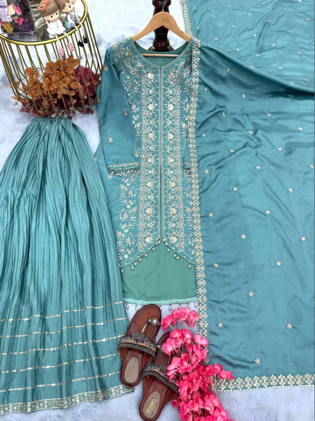 Designer Party Wear Pure Chinon Silk Sharara Palazzo Set with Heavy Sequins Embroidery & Dupatta