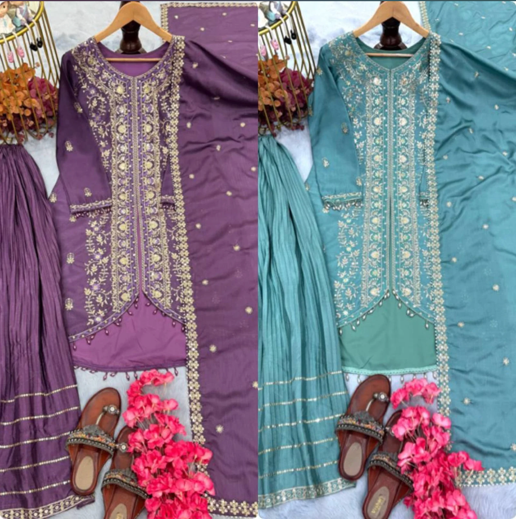 Designer Party Wear Pure Chinon Silk Sharara Palazzo Set with Heavy Sequins Embroidery & Dupatta