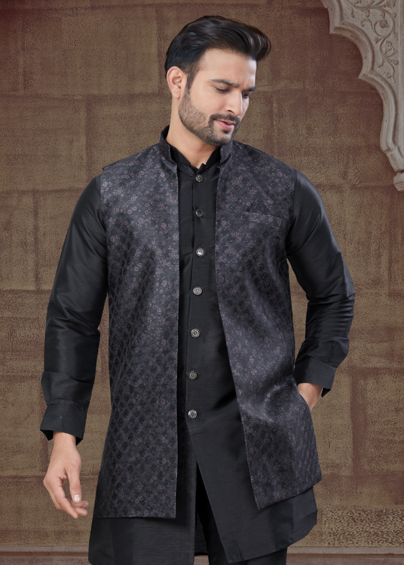 Jacket With Tone To Tone Front Open Kurta Pajama Collection