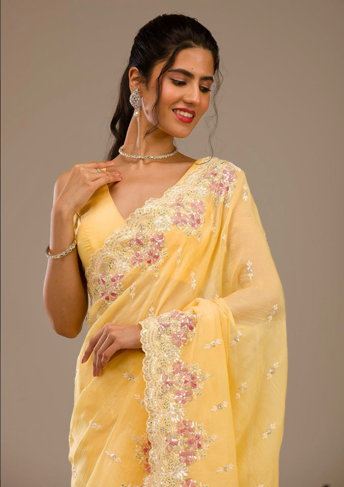 Heavy Embroidery & Sequins Work Saree with Fancy CutWork Border