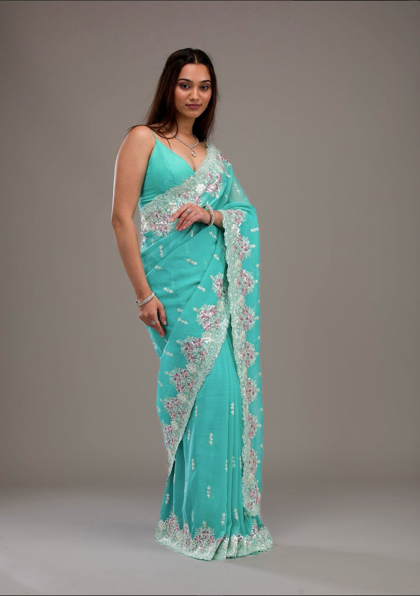 Heavy Embroidery & Sequins Work Saree with Fancy CutWork Border