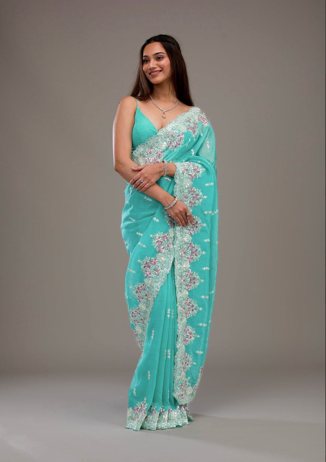 Heavy Embroidery & Sequins Work Saree with Fancy CutWork Border