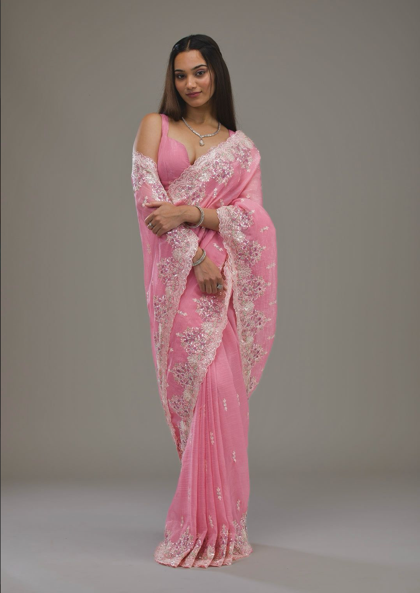 Heavy Embroidery & Sequins Work Saree with Fancy CutWork Border