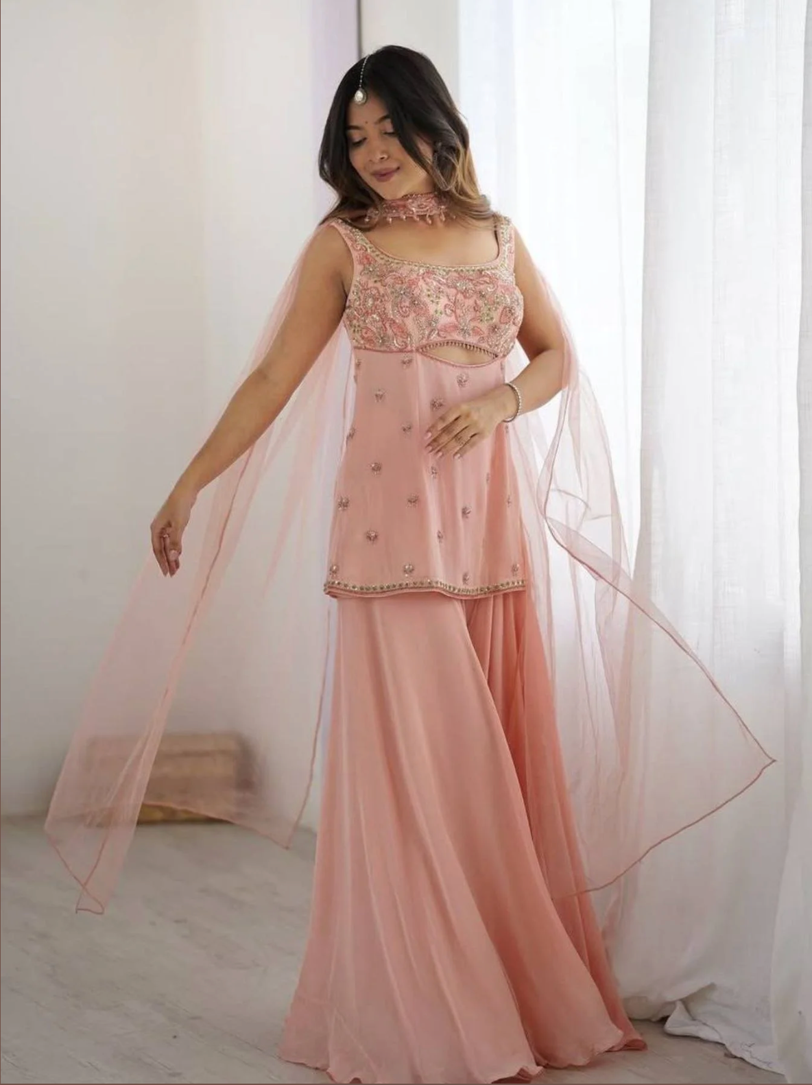 Flowy Festive Glam in Soft Peach | Designer Georgette Palazzo Suit with Net Dupatta