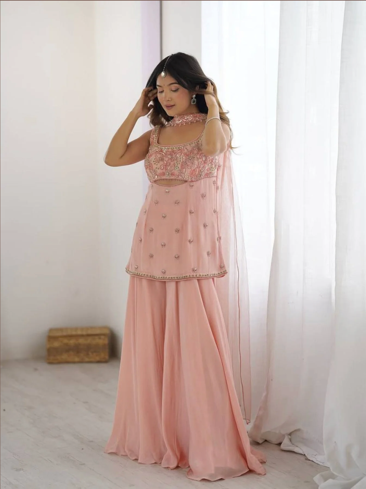 Flowy Festive Glam in Soft Peach | Designer Georgette Palazzo Suit with Net Dupatta