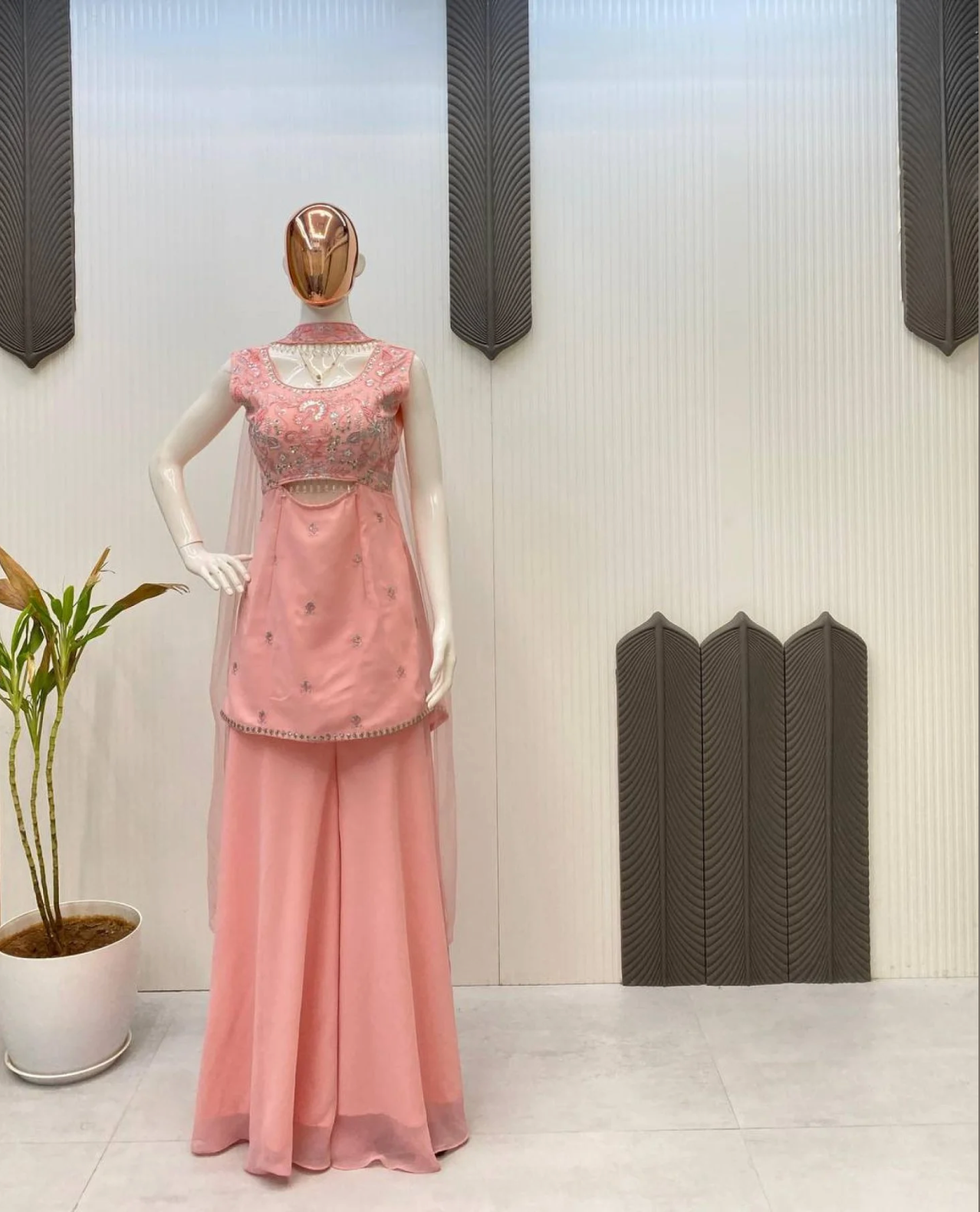 Flowy Festive Glam in Soft Peach | Designer Georgette Palazzo Suit with Net Dupatta