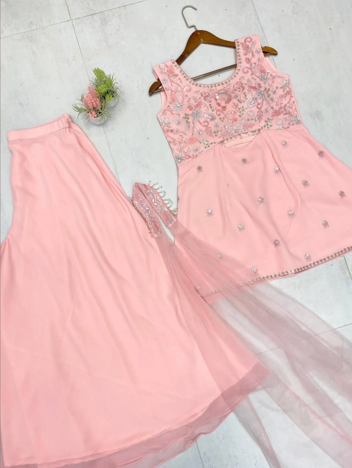 Flowy Festive Glam in Soft Peach | Designer Georgette Palazzo Suit with Net Dupatta