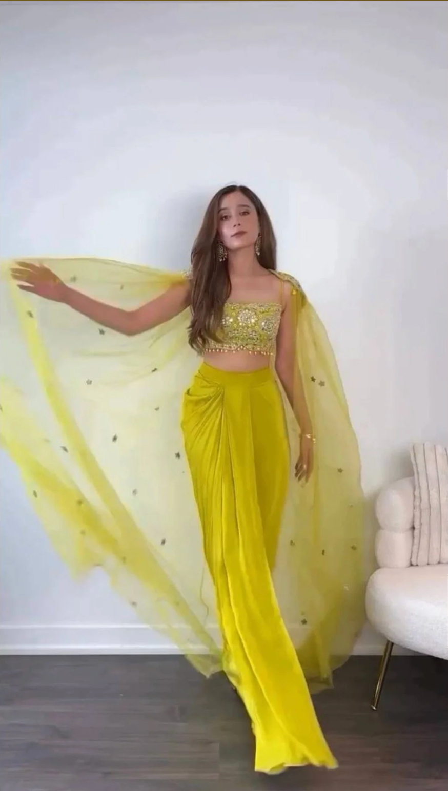 Yellow Ready-to-Wear Dhoti Style Set with Shrug & Choli | Designer Chinon Silk
