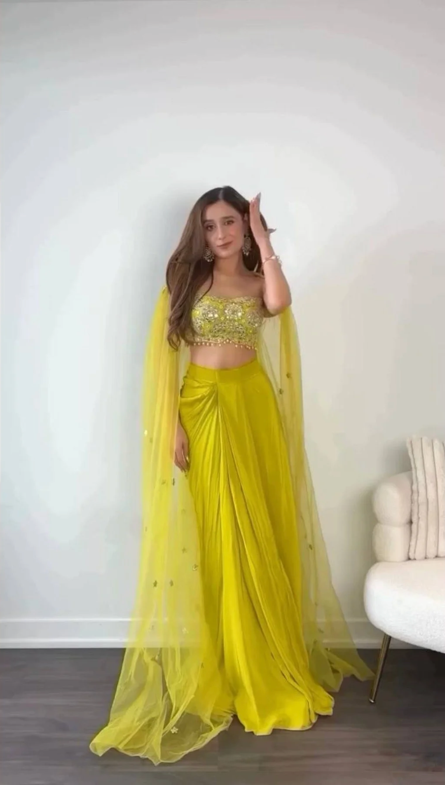 Yellow Ready-to-Wear Dhoti Style Set with Shrug & Choli | Designer Chinon Silk