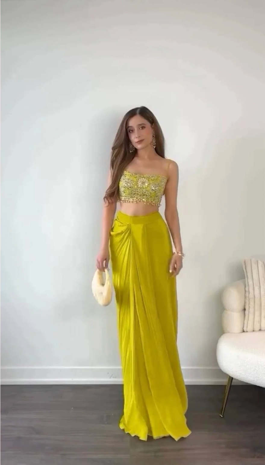 Yellow Ready-to-Wear Dhoti Style Set with Shrug & Choli | Designer Chinon Silk