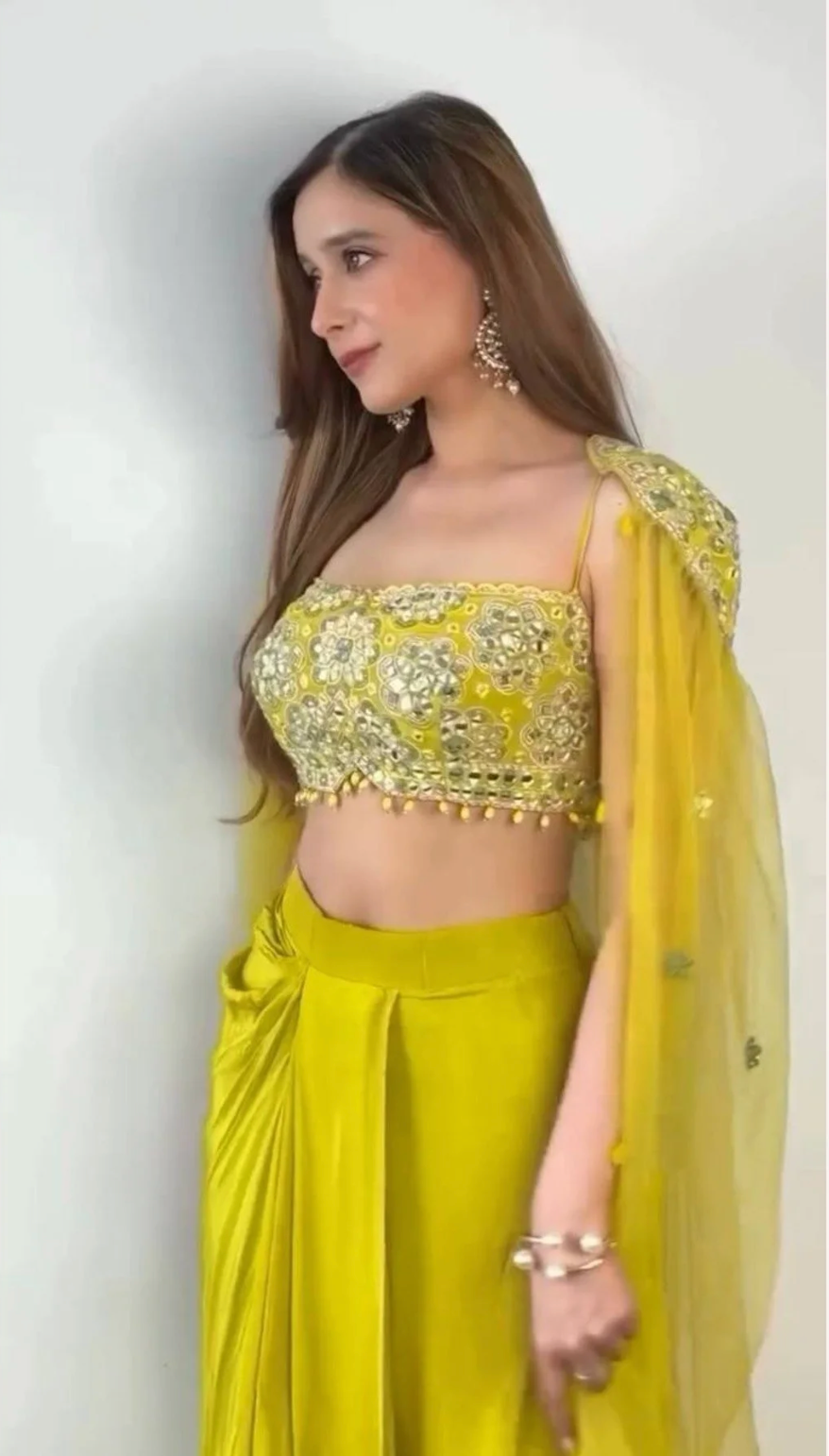 Yellow Ready-to-Wear Dhoti Style Set with Shrug & Choli | Designer Chinon Silk