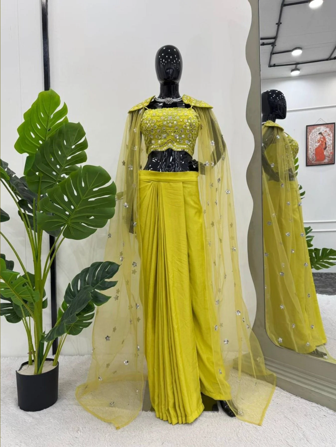 Yellow Ready-to-Wear Dhoti Style Set with Shrug & Choli | Designer Chinon Silk