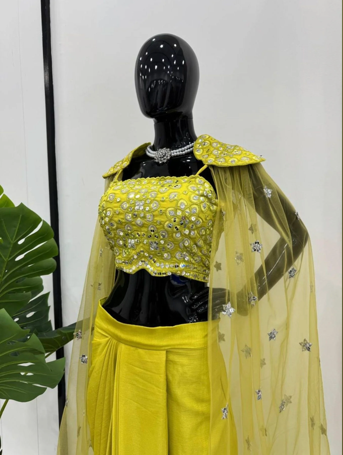 Yellow Ready-to-Wear Dhoti Style Set with Shrug & Choli | Designer Chinon Silk