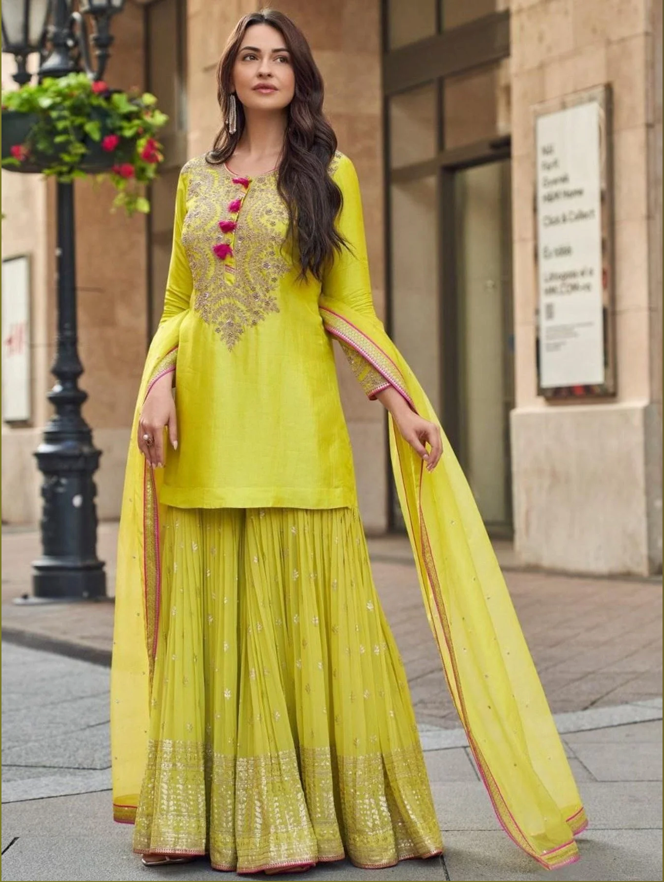 Lime Green Elegant Fully Stitched Fox Georgette Palazzo Suit