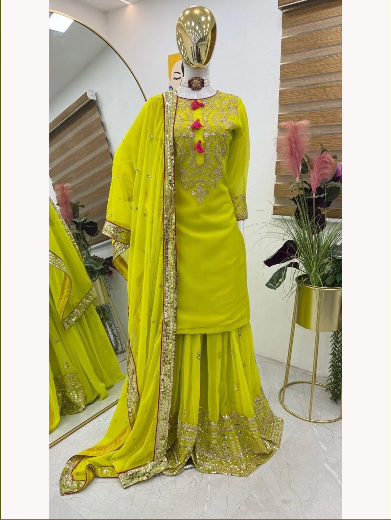 Lime Green Elegant Fully Stitched Fox Georgette Palazzo Suit