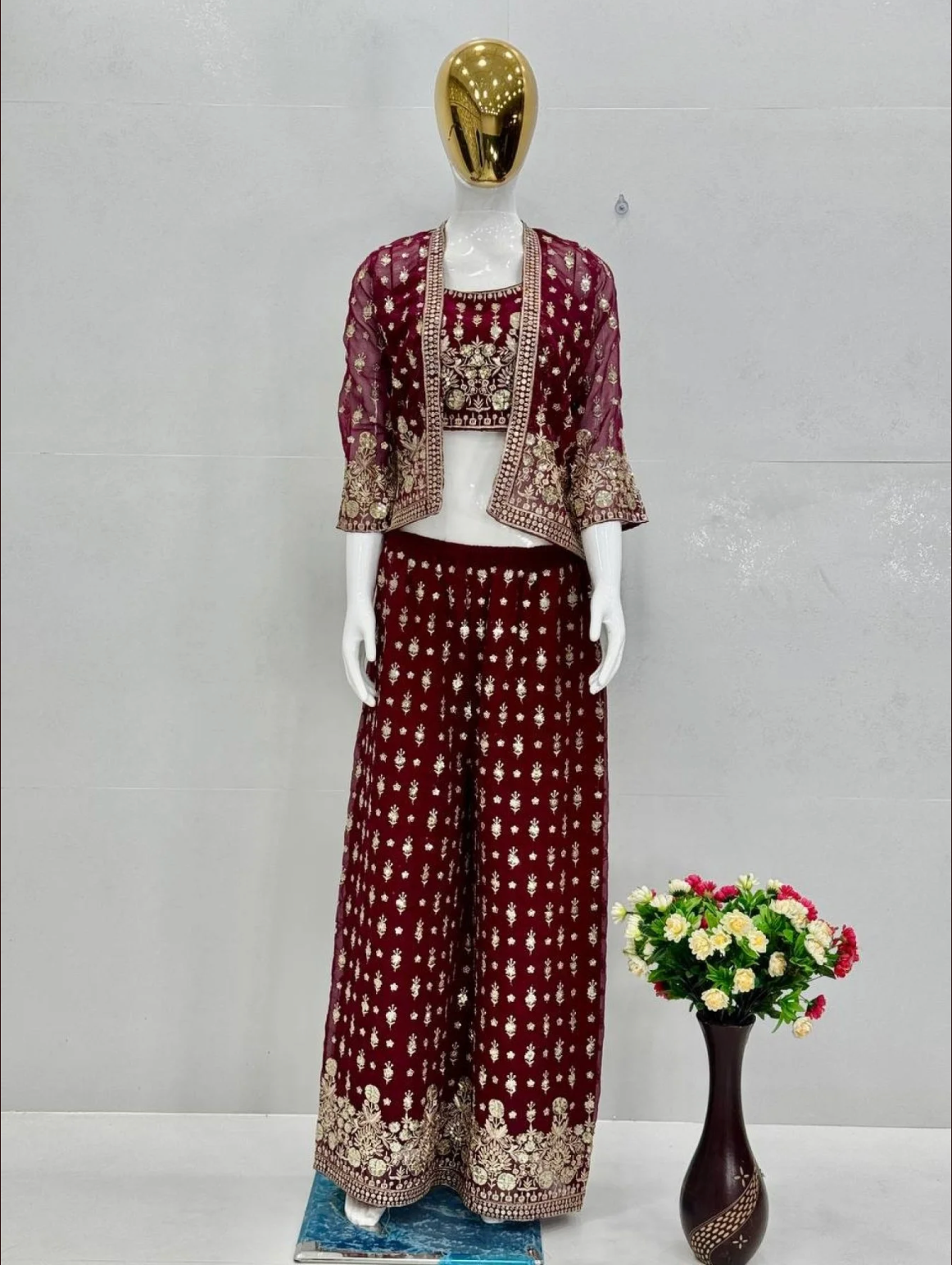 Maroon Party Wear Koti Suit Set with Sequence Work