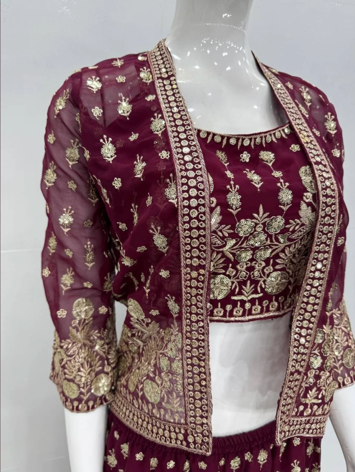 Maroon Party Wear Koti Suit Set with Sequence Work