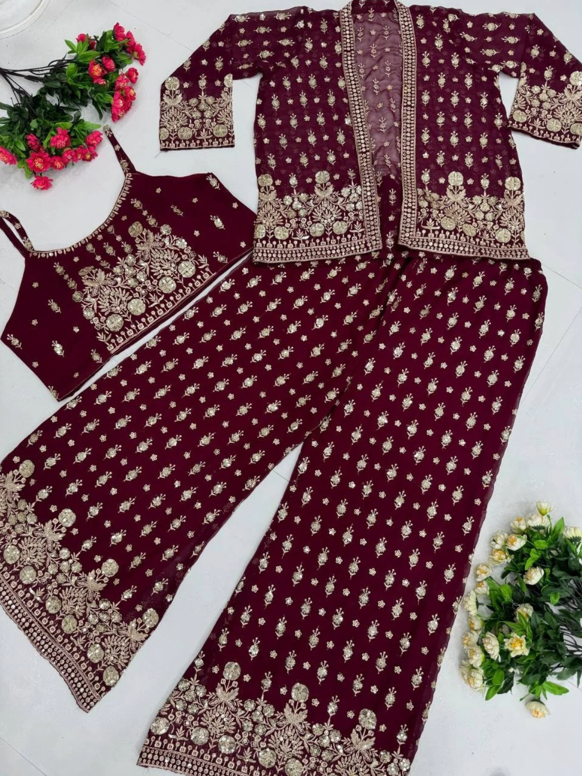 Maroon Party Wear Koti Suit Set with Sequence Work