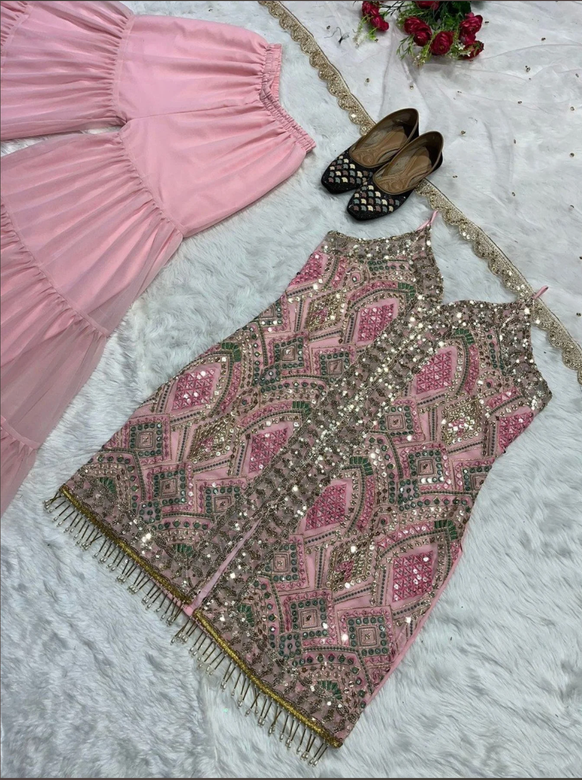 Light Pink Heavy Faux Georgette Sharara Suit with Embroidery & Sequence Work