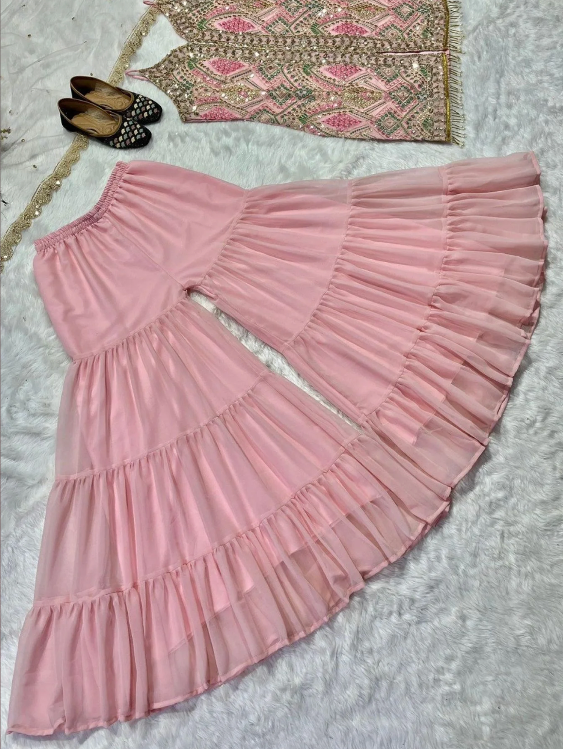 Light Pink Heavy Faux Georgette Sharara Suit with Embroidery & Sequence Work
