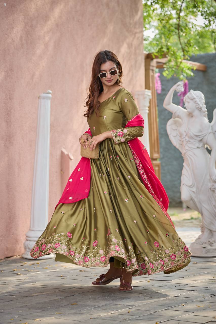 Olive Green Rangoli Silk Heavy Embroidered Gown Set