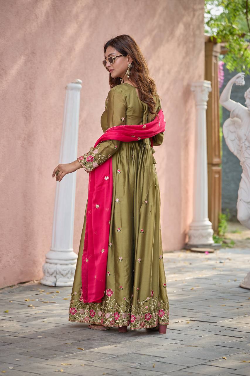 Olive Green Rangoli Silk Heavy Embroidered Gown Set
