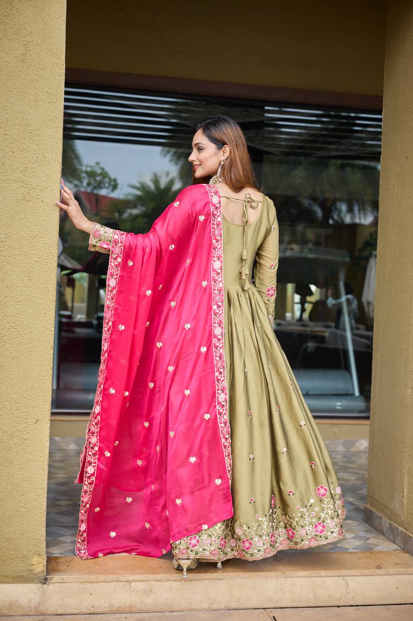 Olive Green Rangoli Silk Heavy Embroidered Gown Set